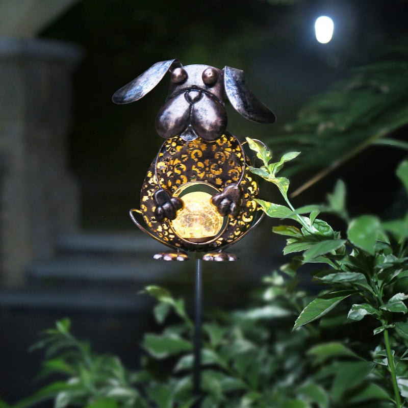 KAIXOXIN Garden Solar Lights Metal Dog Crackle Glass Globe Stake Light,Waterproof Warm White LED Solar Path Lights (Dog-Bronze) - Image 5